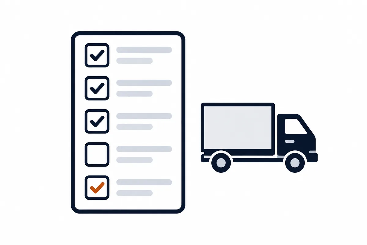 A checklist board with ticked boxes next to a delivery truck